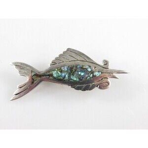 Vintage Sword Fish Pin Sterling Silver  Taxco PC Blue Abalone Inlay